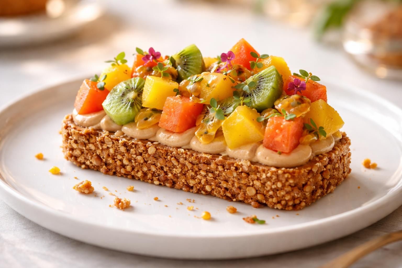 découvrez l'alliance parfaite du croustillant au praliné et des fruits exotiques pour une explosion de saveurs originale et délicieuse.