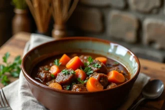 Boeuf carotte mijoté servi dans un bol en céramique rustique sur une table en bois, recette cocooning d'automne