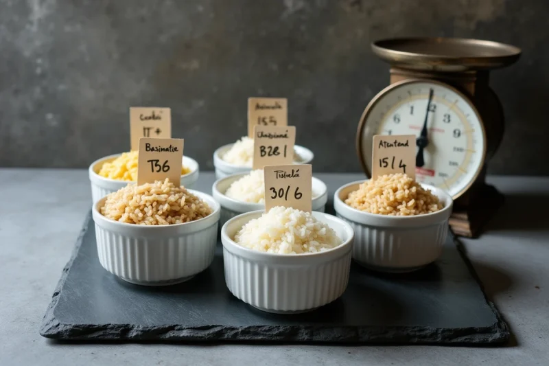 Comparaison de portions de riz en grammes dans des ramequins avec étiquettes et balance de cuisine