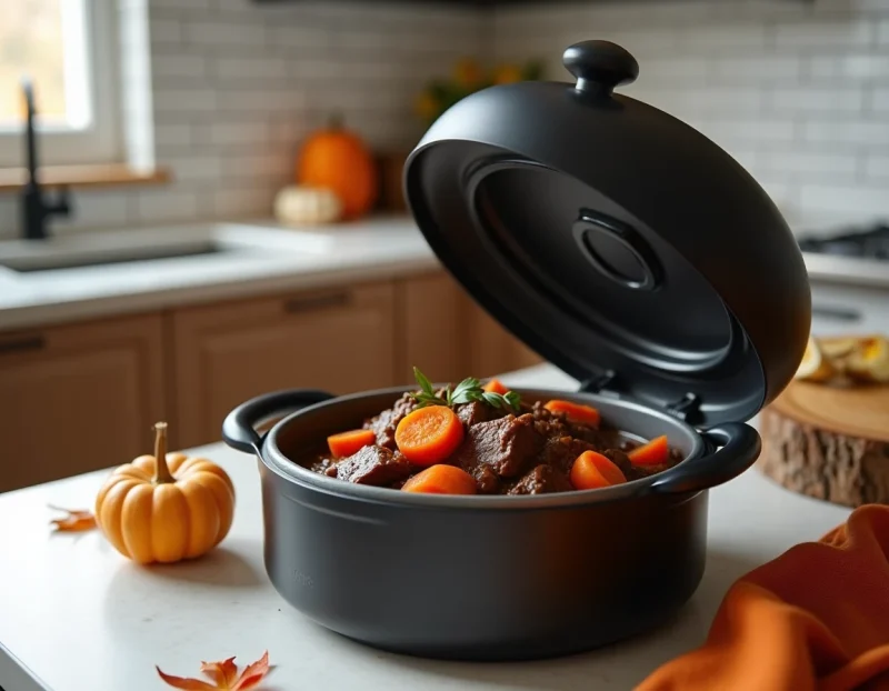 Cookeo ouvert avec boeuf carotte mijoté à l'intérieur, plat familial réconfortant pour l'automne