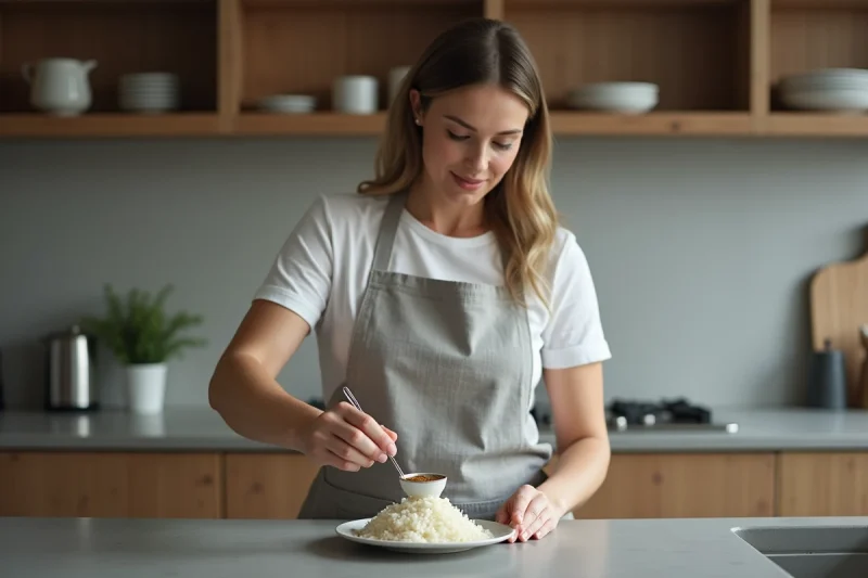 Femme mesurant une portion de riz cuit à la cuillère dans une cuisine moderne