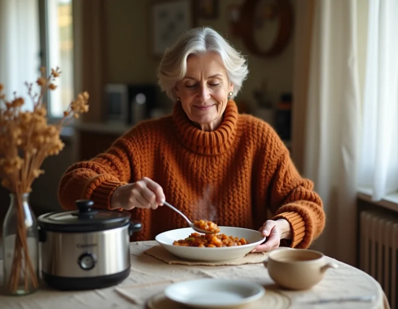 Femme servant un boeuf carotte du Cookeo à table, ambiance chaleureuse et cocooning en automne