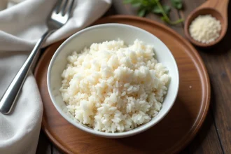 Bol de riz cuit avec une portion de 180 grammes mesurée à la cuillère à soupe sur une table en bois