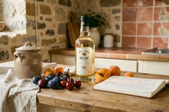 Bouteille d'alcool 90 degrés posée sur un comptoir de cuisine rustique avec des fruits frais pour préparer des liqueurs maison