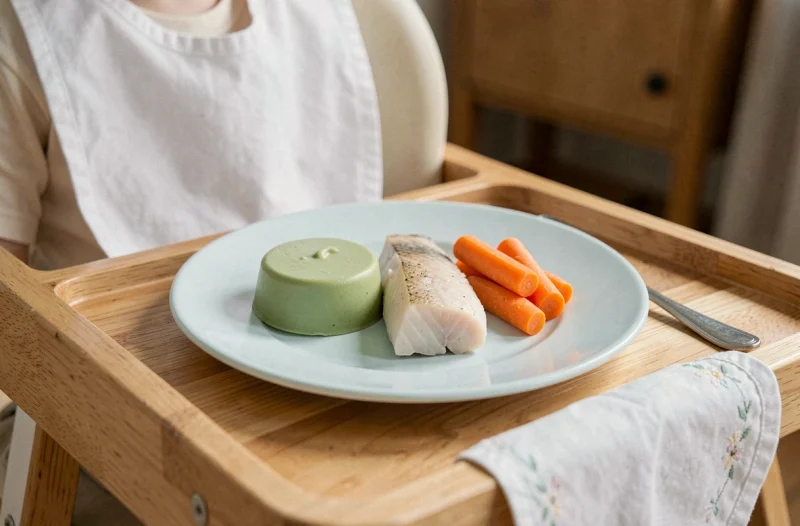 Assiette repas équilibrée pour enfant avec fondue de poireaux crémeuse, poisson vapeur et carottes cuites