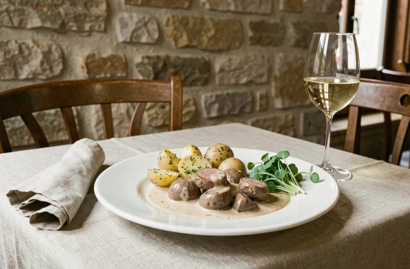 Assiette de rognons de veau en sauce onctueuse avec pommes de terre et cresson, dressage bistrot français