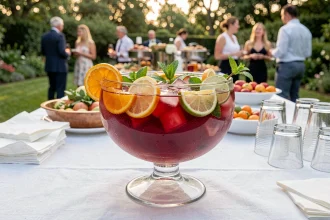 Grand bol à punch en verre rempli de punch tropical aux fruits avec garnitures de menthe et agrumes sur une table de buffet froid en jardin