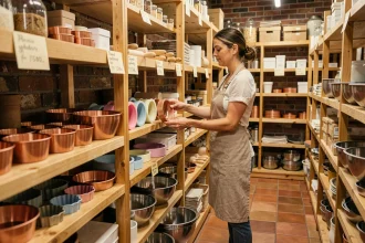 Boutique spécialisée en ustensiles de pâtisserie avec étagères en bois garnies de moules et ustensiles professionnels