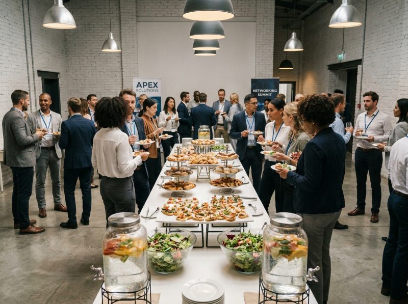 Buffet d'entreprise animé lors d'un événement de networking professionnel dans un espace moderne