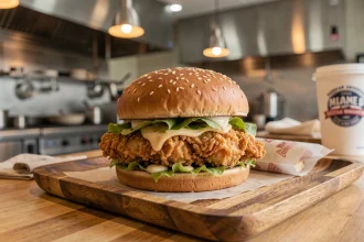 Burger poulet croustillant Pepe Chicken de Fastgood Cuisine sur plateau en bois avec sauce et salade