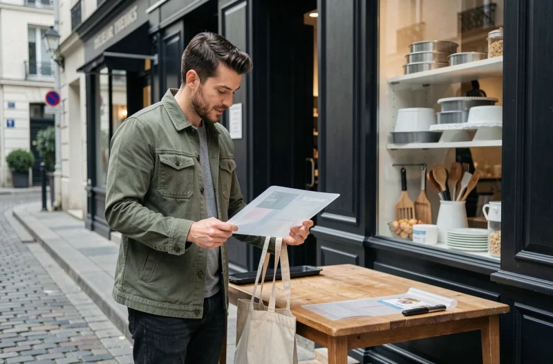 Client inspectant un tapis de pâtisserie en silicone devant une boutique d'ustensiles de cuisine en rue commerçante
