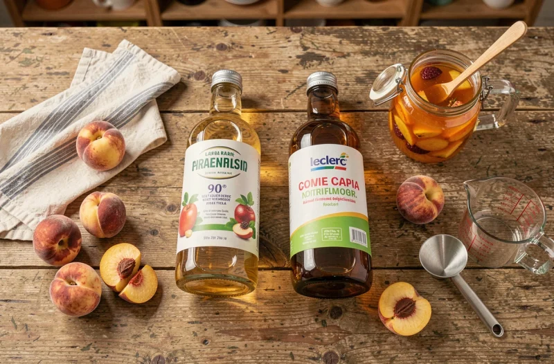 Comparaison côte à côte de deux bouteilles d'alcool 90 degrés pharmacie et Leclerc avec des fruits pour faire des liqueurs maison