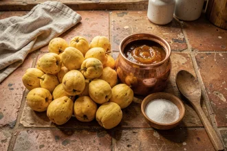 Coings entiers non épluchés disposés sur un plan de travail rustique avec une bassine en cuivre pour confiture maison