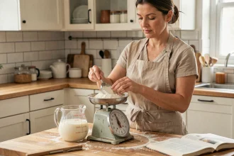 Femme mesurant de la farine sur une balance de cuisine vintage avec un pichet gradué en verre pour convertir grammes et litres en cuisine