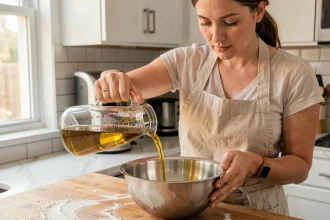 Femme versant de l'huile d'olive depuis un verre doseur gradué dans un bol en cuisine pour illustrer la conversion litre en kilogramme