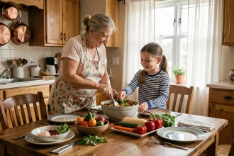 Grand-mère et petite-fille préparant une salade ensemble dans une cuisine familiale chaleureuse avec vaisselle colorée