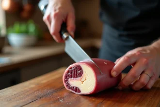 Mains de chef découpant un rognon de veau frais sur une planche en bois rustique pour une recette facile