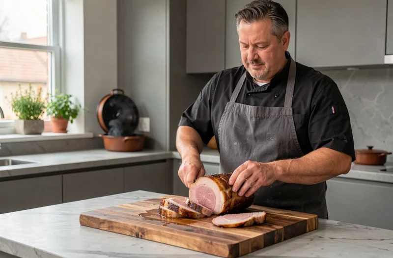 Homme découpant un rôti de porc juteux sur une planche en bois dans une cuisine moderne avec la cocotte en arrière-plan