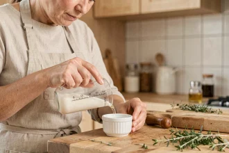 Femme versant précisément 10 ml de liquide dans un ramequin avec un verre doseur gradué dans une cuisine en bois