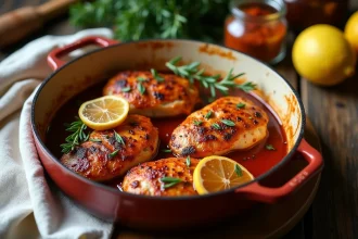 Escalopes de poulet au four glacées à la marinade fumée au paprika dans un plat en céramique rustique, garnies de thym frais et de citron