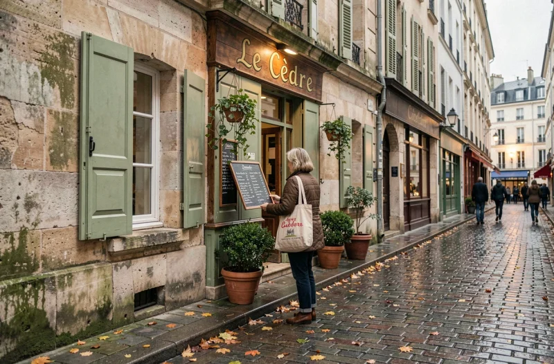 Façade du restaurant libanais Le Cèdre rue Mouffetard à Paris avec ses pavés et ses volets verts caractéristiques