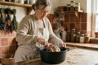 Femme en tablier de lin déposant un rôti de porc dans une cocotte en fonte sur un plan de travail en bois rustique dans une cuisine campagnarde