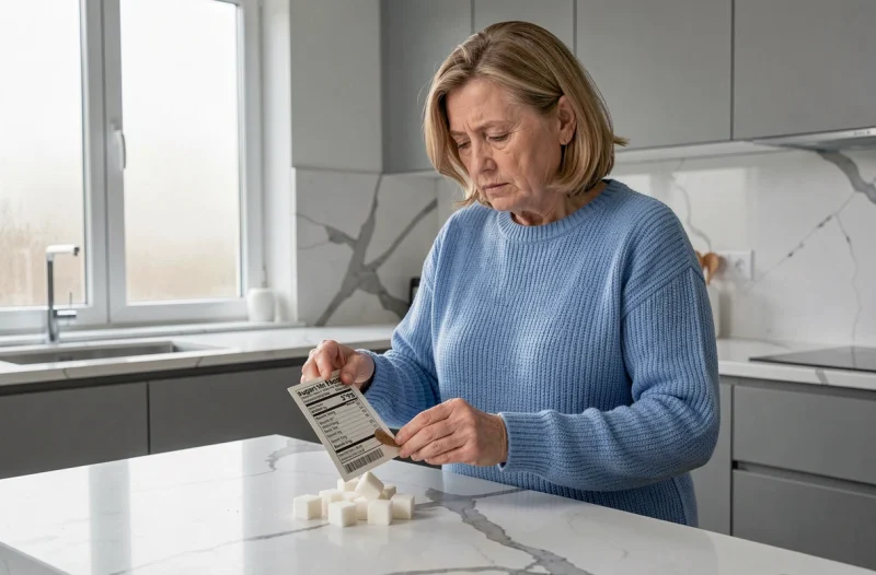Femme lisant l'étiquette nutritionnelle d'un paquet de sucre avec des morceaux de sucre éparpillés sur un plan de travail en marbre