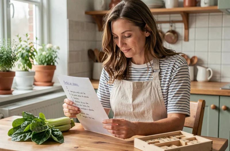 Femme consultant une fiche mémo de fruits et légumes en Z pour le Scrabble dans une cuisine chaleureuse avec courgettes et boîte de jeu