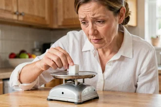 Femme pesant un morceau de sucre sur une balance de cuisine en bois, illustrant les erreurs fréquentes dans la réduction du sucre