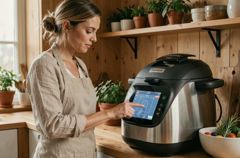 Femme utilisant un Thermomix TM7 dans une cuisine de style scandinave avec étagères en bois et herbes aromatiques