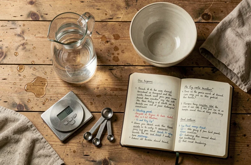 Vue aérienne d'une carafe d'un litre, d'une balance et d'un carnet de recettes sur une table en bois illustrant la conversion de litres en kilogrammes en cuisine