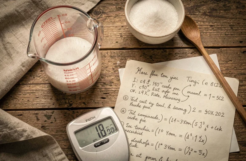 Vue du dessus d'une table rustique avec tasse à mesurer graduée, balance de cuisine en grammes et fiche recette annotée avec conversions d'unités
