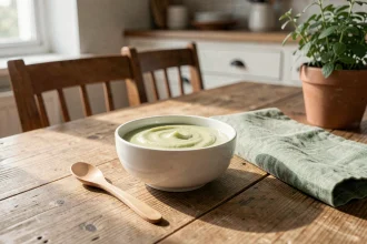 Fondue de poireaux crémeuse et sans morceaux servie dans un bol blanc sur une table en bois, idéale pour les enfants