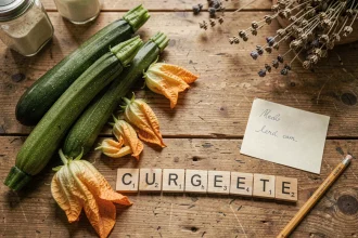 Vue de dessus de courgettes fraîches et tuiles Scrabble épelant COURGETTE sur une table en bois rustique avec fiche mémo
