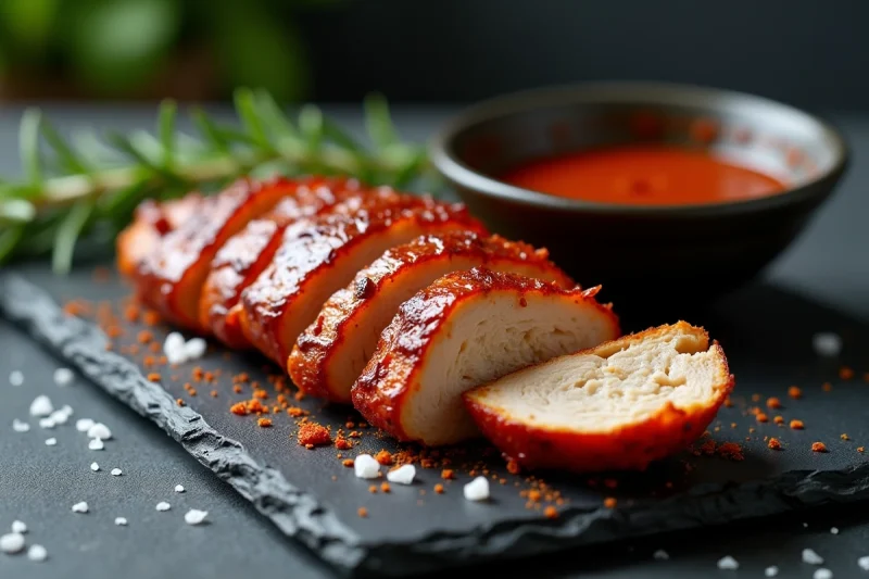 Gros plan d'une escalope de poulet tranchée sur ardoise, croûte fumée au paprika et marinade barbecue maison, sel de mer et romarin