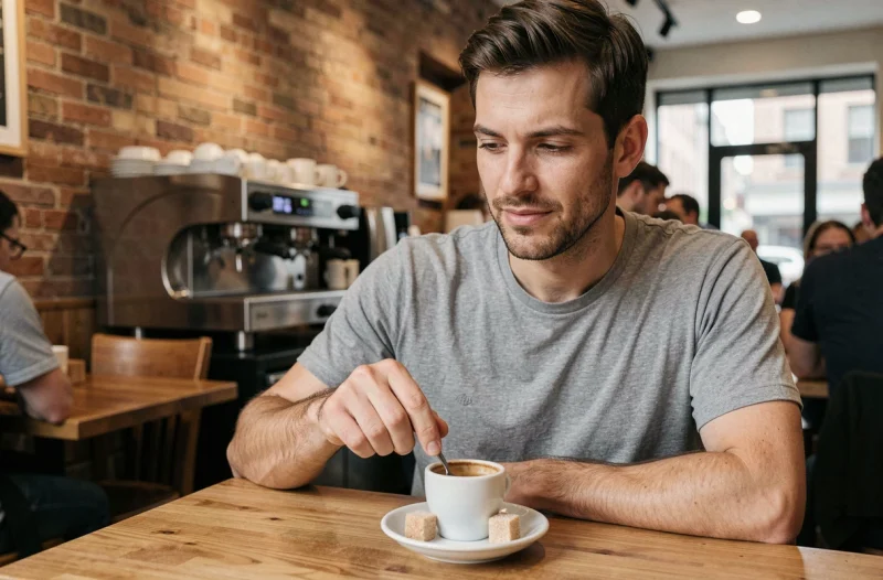 Homme au café avec deux morceaux de sucre sur sa soucoupe d'expresso, représentant les habitudes sucrées du quotidien