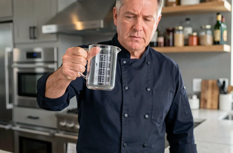Homme lisant avec précision les graduations d'un verre doseur transparent pour mesurer 10 ml dans une cuisine moderne