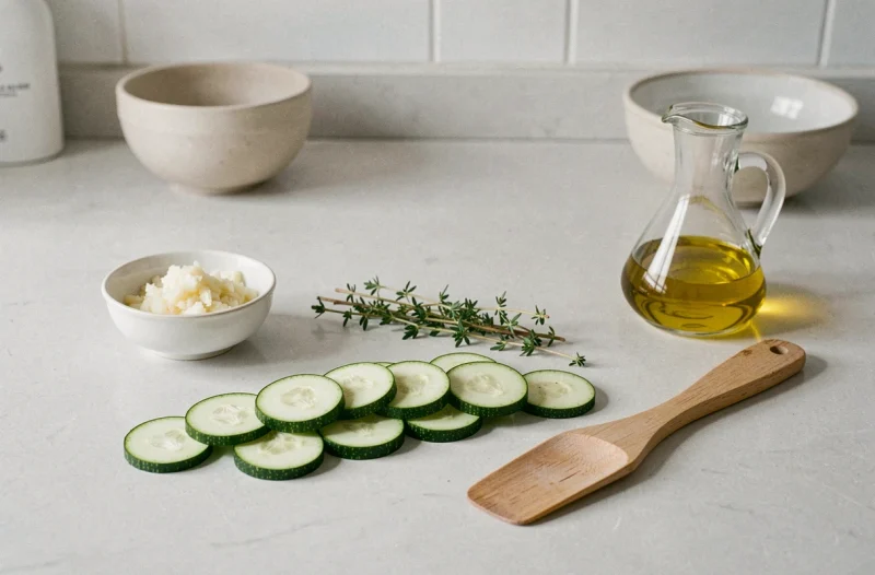 Ingrédients pour une poêlée de courgettes disposés sur un plan de travail gris : rondelles de courgette, ail, thym et huile d'olive