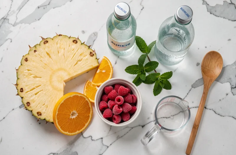Ingrédients pour recette de punch facile disposés en flat-lay sur un plan de travail en marbre blanc avec fruits frais et eau pétillante