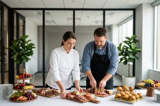 Équipe de traiteur professionnelle dressant un buffet d'entreprise élégant dans une salle de réunion moderne