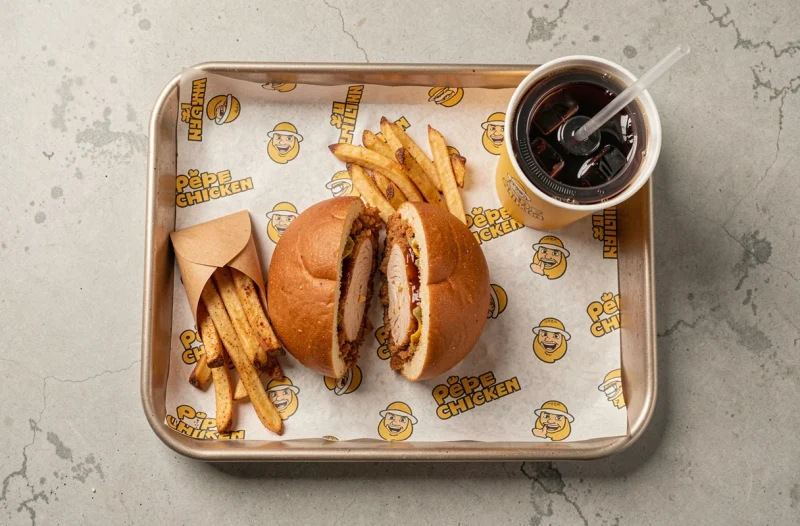 Menu complet Pepe Chicken Fastgood Cuisine avec burger poulet frites et boisson vu de dessus