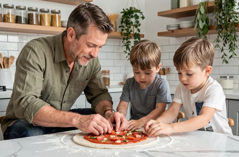 Père et deux fils en train de préparer une pizza maison sur un plan de travail en marbre dans une cuisine moderne