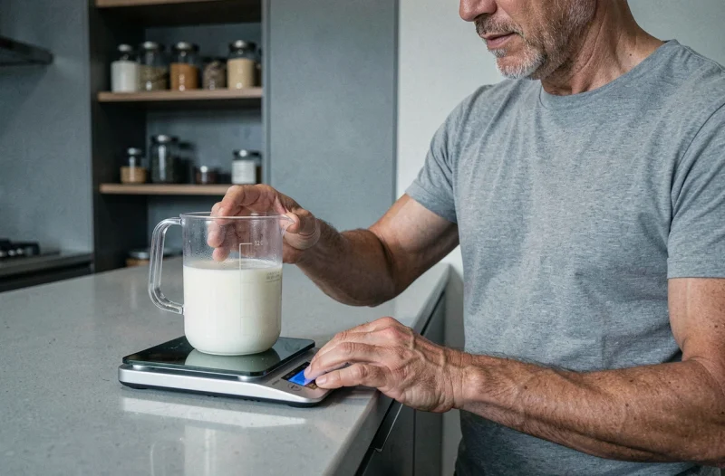 Homme posant un verre doseur de lait sur une balance de cuisine numérique pour mesurer le poids en grammes et convertir les litres en kilogrammes