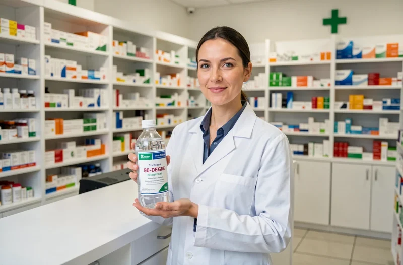 Pharmacien tenant une bouteille d'alcool 90 degrés en pharmacie, comparaison avec l'alcool grande surface pour liqueurs