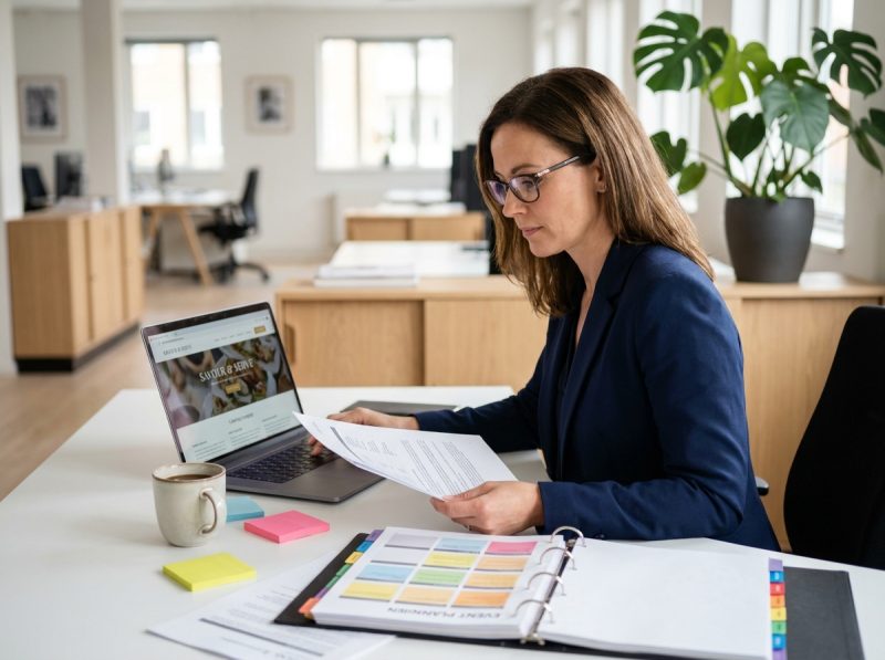 Organisatrice d'événements en entreprise comparant des devis traiteur pour un buffet professionnel