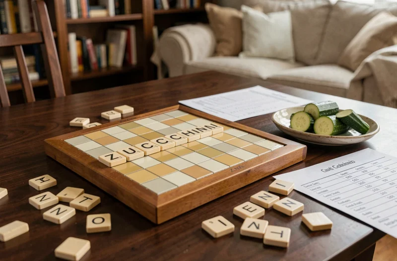 Plateau de Scrabble avec le mot ZUCCHINI formé par des tuiles, entouré de rondelles de courgette et d'une feuille de score sur une table en bois