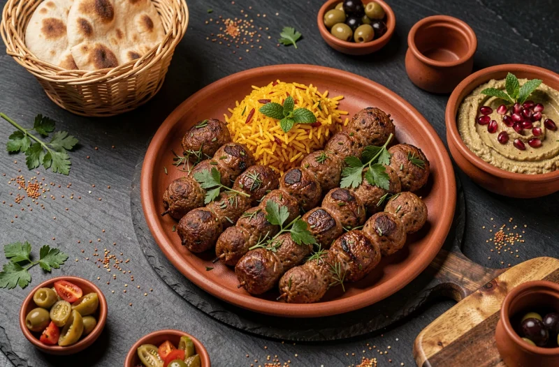 Plateau de grillades libanaises et mezze du restaurant Le Cèdre à Paris, vue de dessus avec kafta, hummus et pain pita