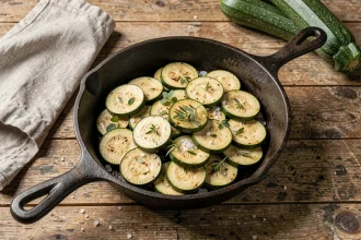 Poêlée de courgettes dorées dans une poêle en fonte sur une table en bois rustique, garnie d'herbes fraîches