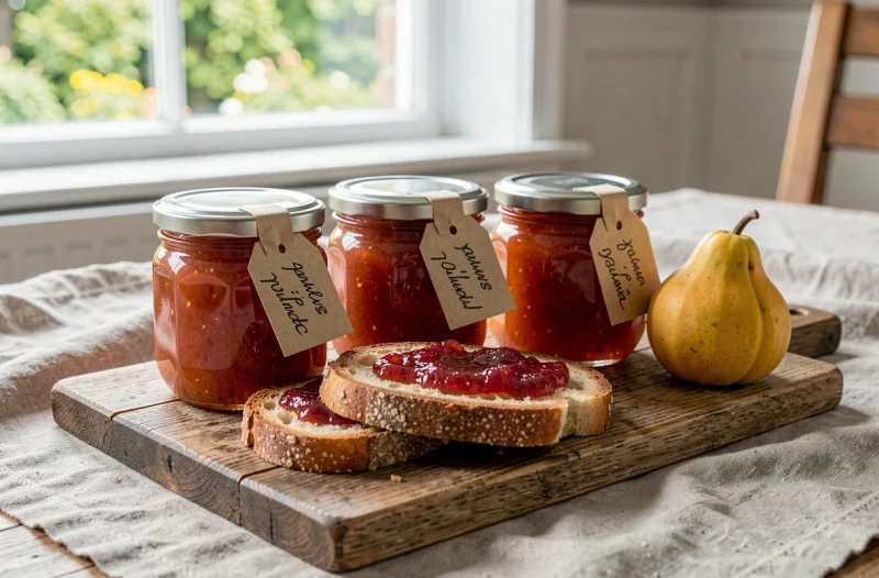 Pots de confiture de coings maison avec tartine et coings entiers sur une table en bois rustique