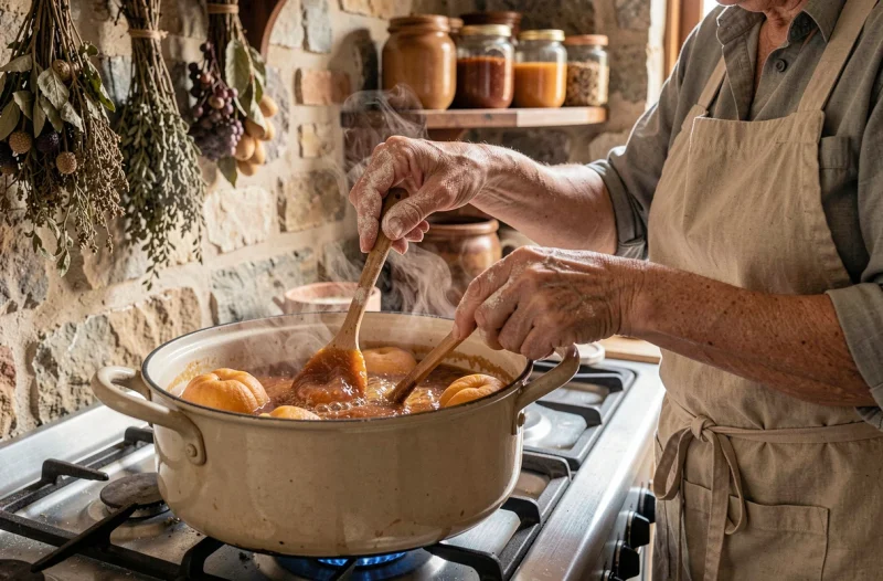 Femme faisant cuire de la confiture de coings avec la peau dans une casserole sur une cuisinière ancienne